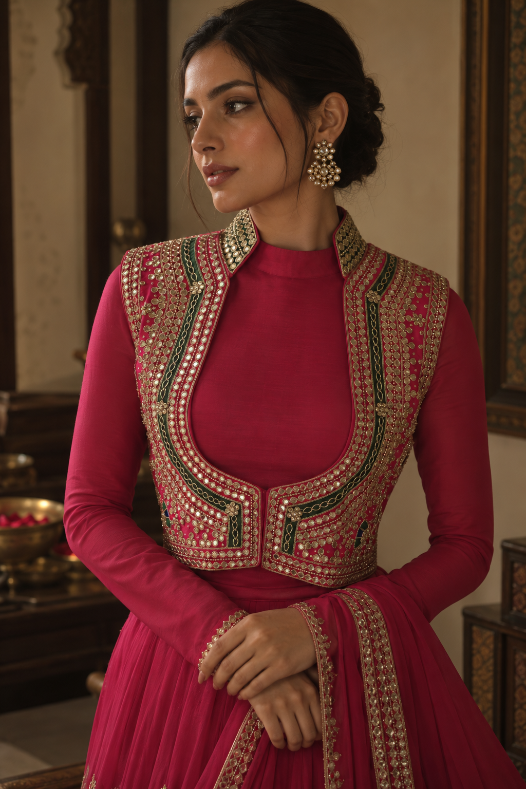 The Mehr Bundi is a richly handcrafted layer featuring intricate traditional embellishment across the front, balanced by delicate gold floral motifs at the back. The structured silhouette is finished with an ornate high collar and a sweeping curved front, creating a striking frame when layered over a blouse, kurta or festive ensemble.