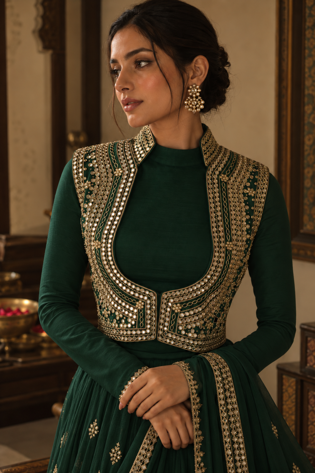 The Mehr Bundi is a richly handcrafted layer featuring intricate traditional embellishment across the front, balanced by delicate gold floral motifs at the back. The structured silhouette is finished with an ornate high collar and a sweeping curved front, creating a striking frame when layered over a blouse, kurta or festive ensemble.
