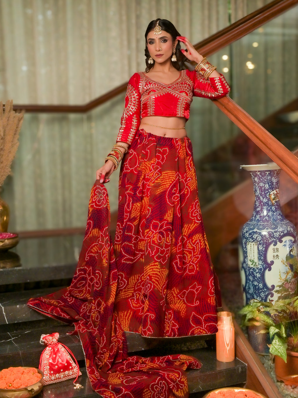 Jaipuri Bandini Lehenga- Red