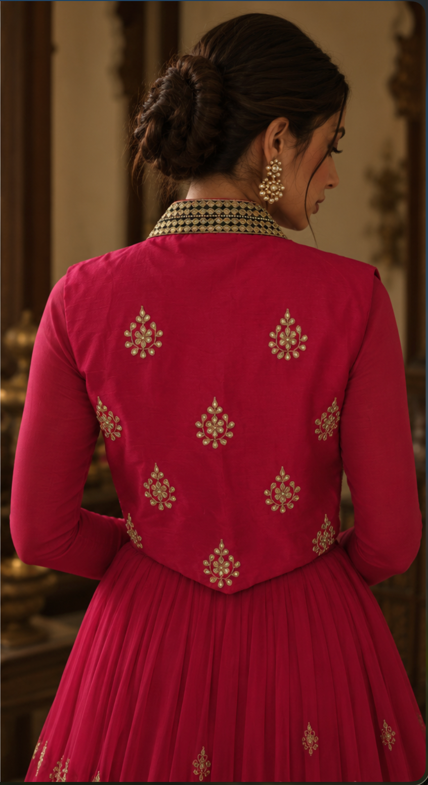 The Mehr Bundi is a richly handcrafted layer featuring intricate traditional embellishment across the front, balanced by delicate gold floral motifs at the back. The structured silhouette is finished with an ornate high collar and a sweeping curved front, creating a striking frame when layered over a blouse, kurta or festive ensemble.