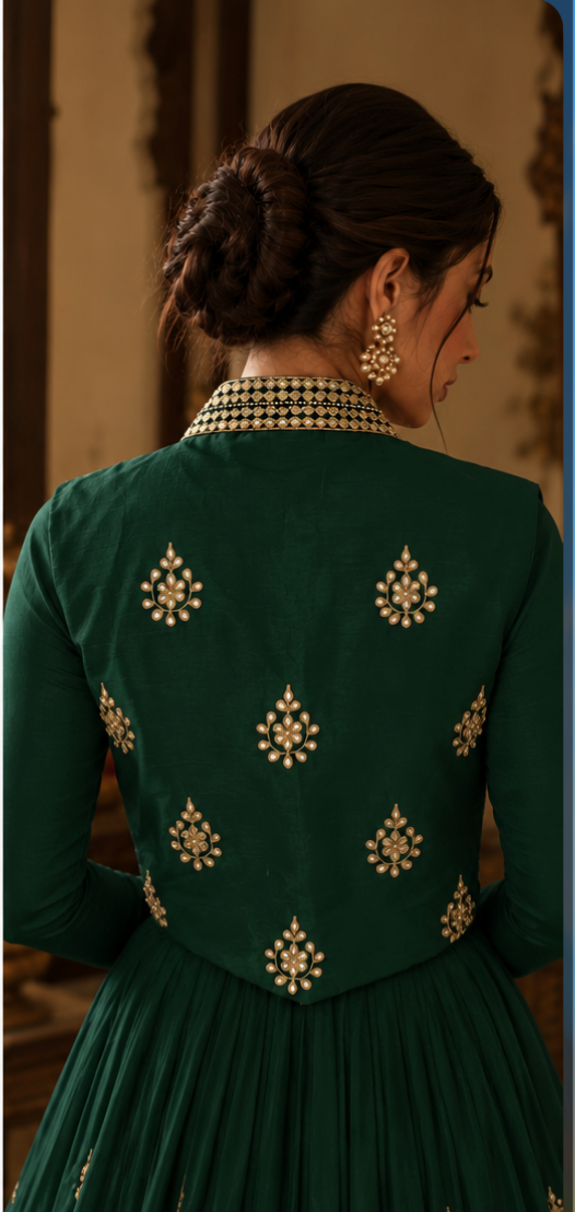 The Mehr Bundi is a richly handcrafted layer featuring intricate traditional embellishment across the front, balanced by delicate gold floral motifs at the back. The structured silhouette is finished with an ornate high collar and a sweeping curved front, creating a striking frame when layered over a blouse, kurta or festive ensemble.